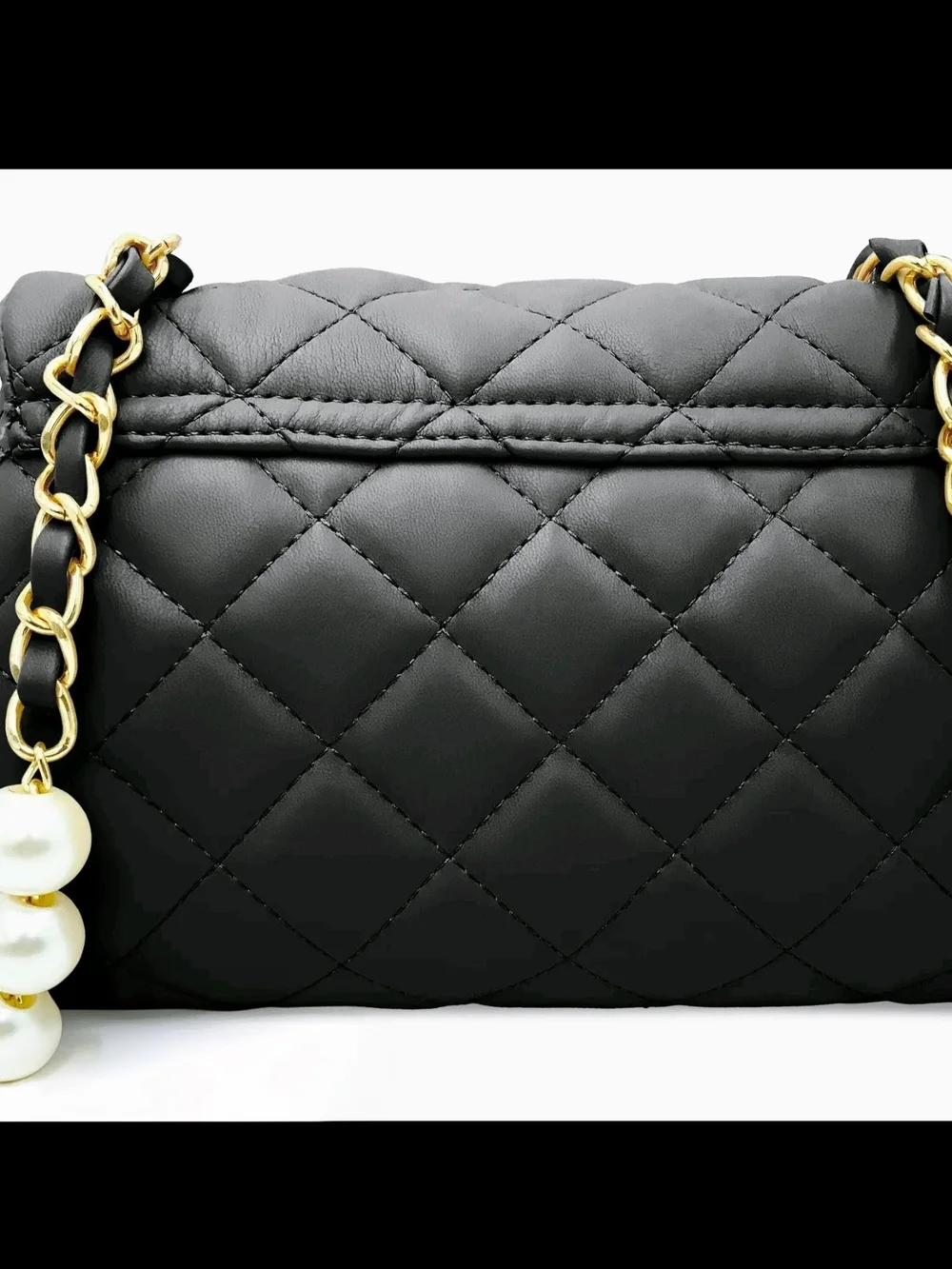 Badgley Mischka Black Quilted Crossbody with Gold Chain & Pearl Detail - Picture 3 of 4